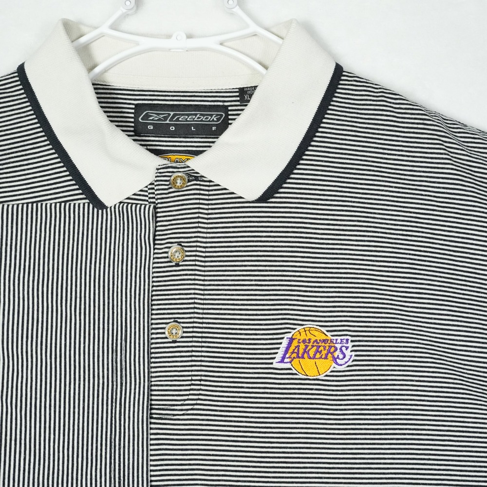 VTG Reebok Golf Los Angeles Lakers Polo Shirt Men XL Black White Striped PlayDry